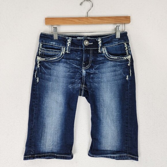 Daytrip Pants - Daytrip Shorts Womens 26 Blue Virgo Low Rise Y2K Embroidered Denim Jean Bermuda